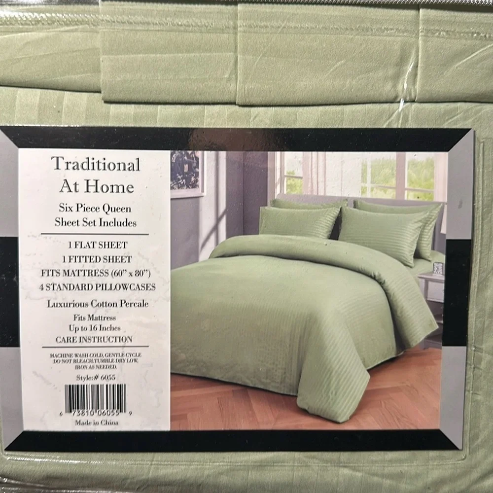 Transitional at Home 6pcQueen Sheet Set green apple embossed stripes